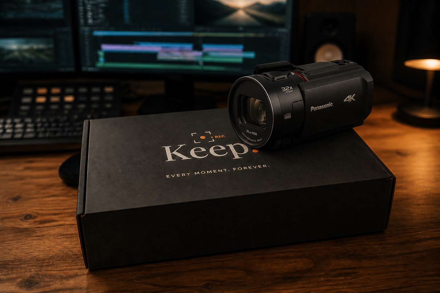 Panasonic camcorder resting on a closed Keep box on a desk in front of an edit suite
