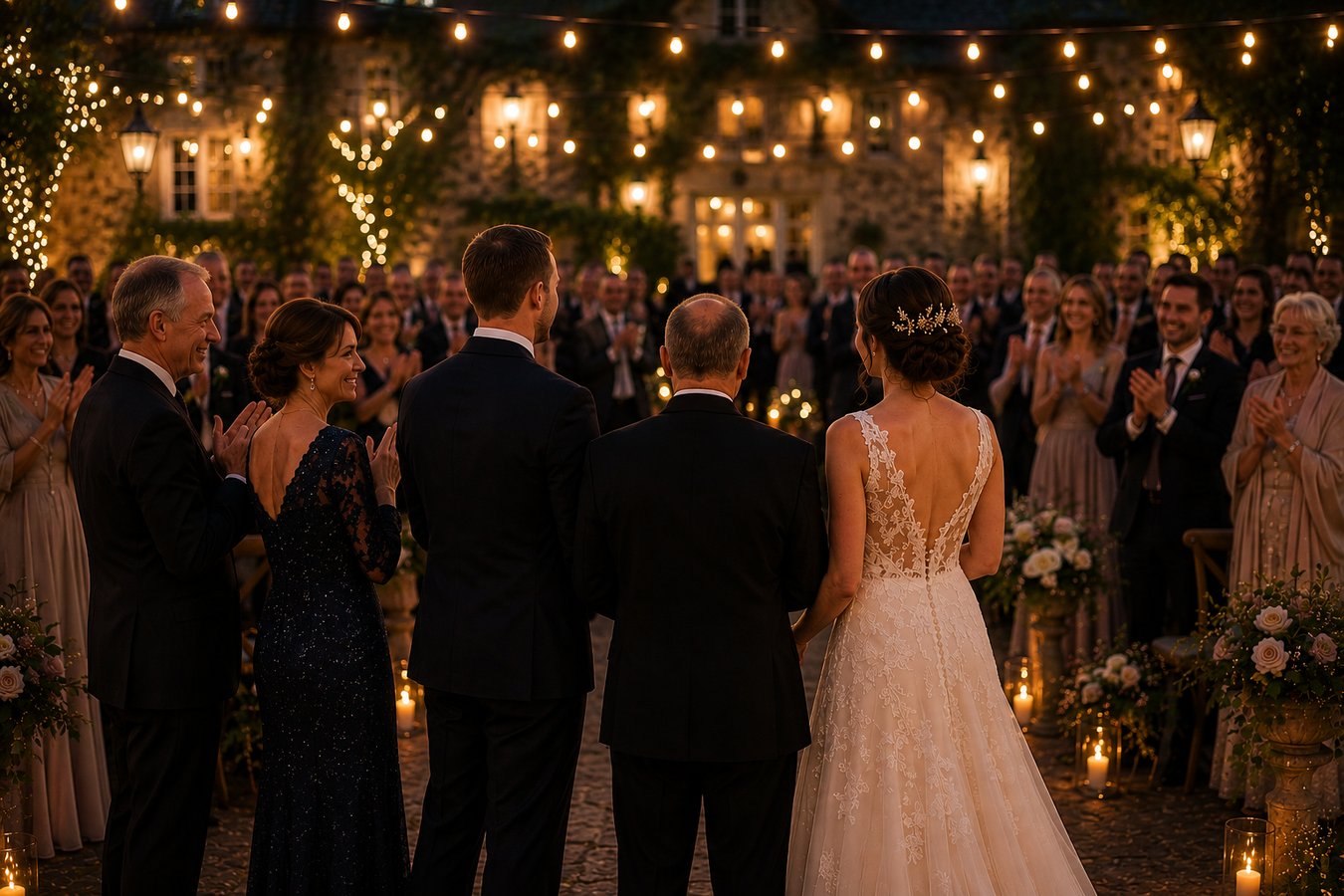 Outdoor wedding ceremony at dusk