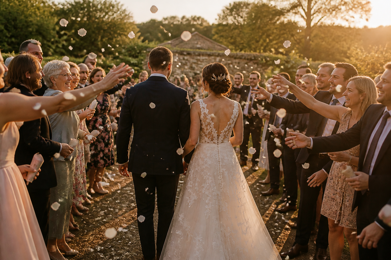 Couple walking through petals after the ceremony