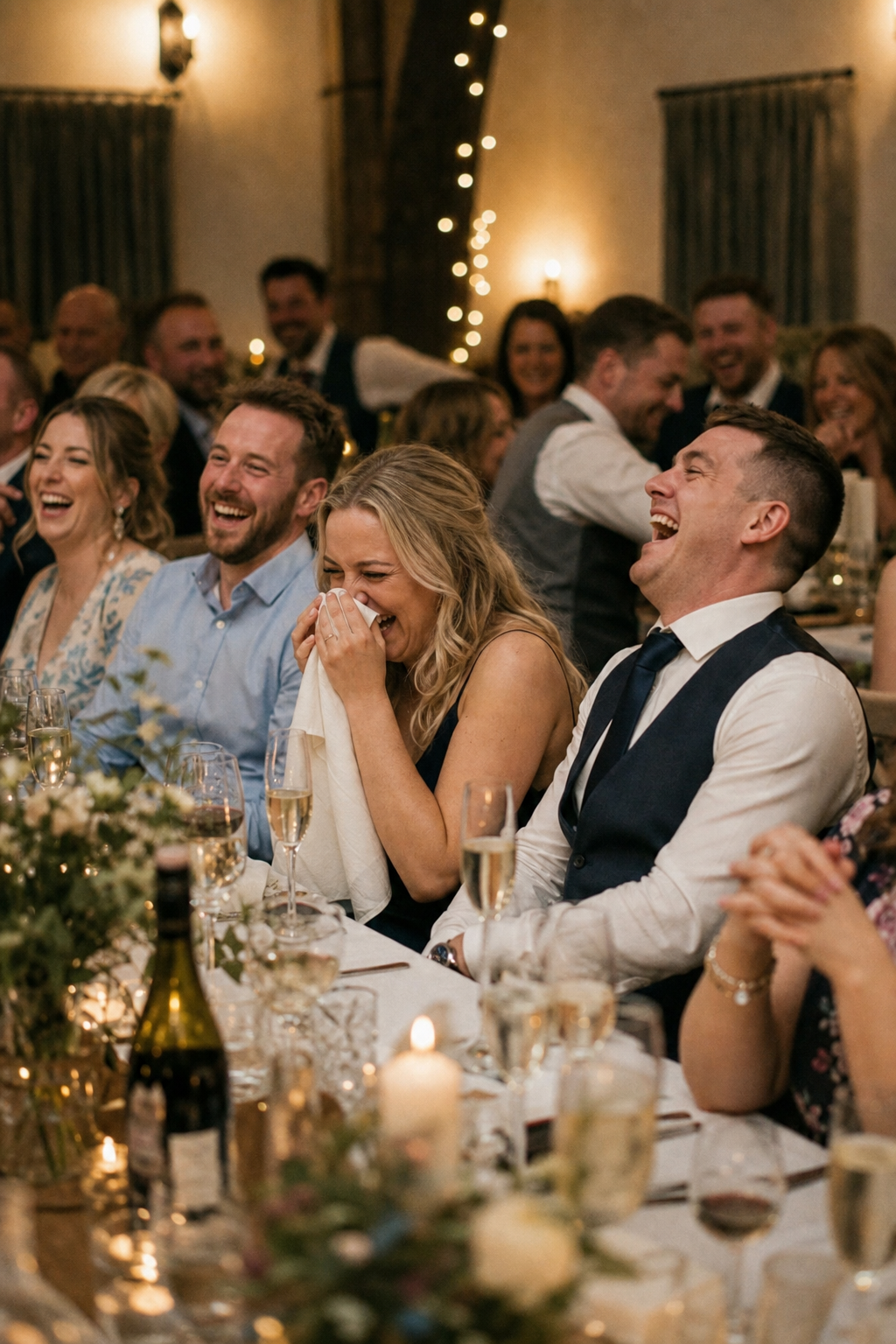 Guests laughing during wedding speeches