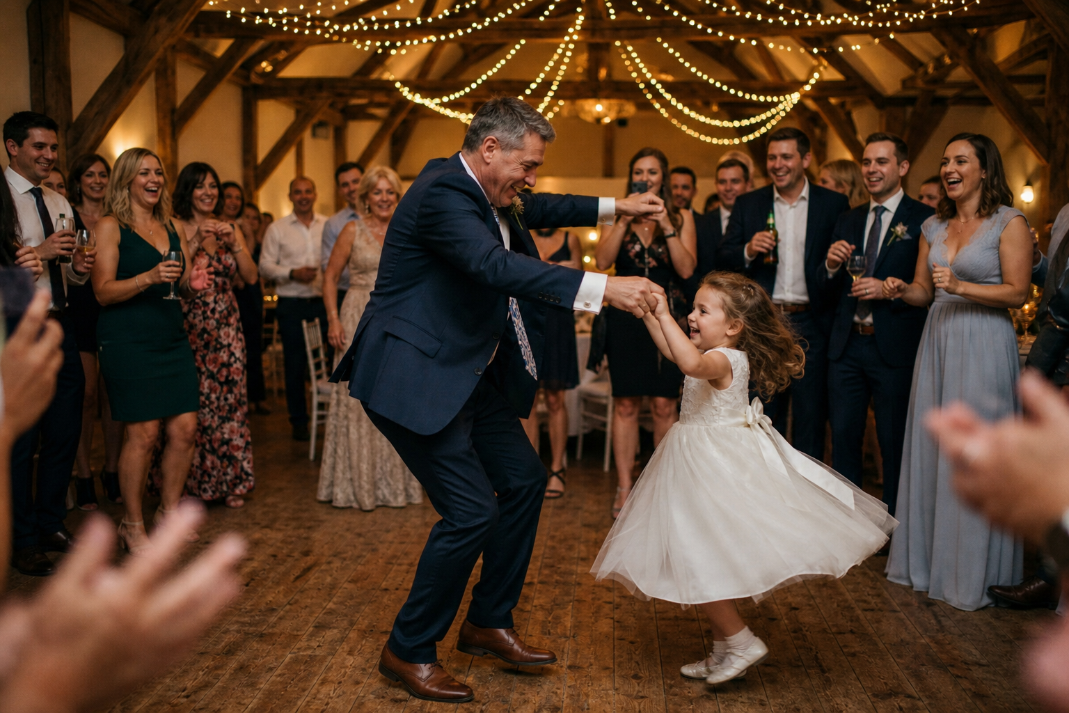 Guest dancing with a child on the dance floor