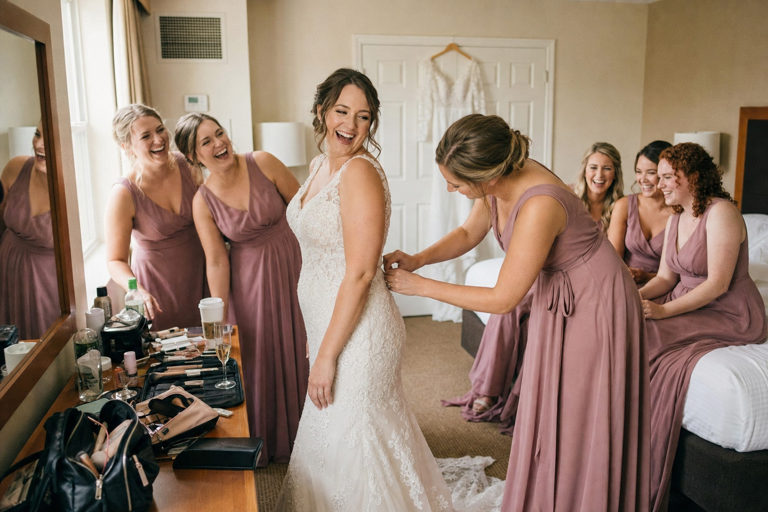 Bride laughing while a bridesmaid helps with her dress