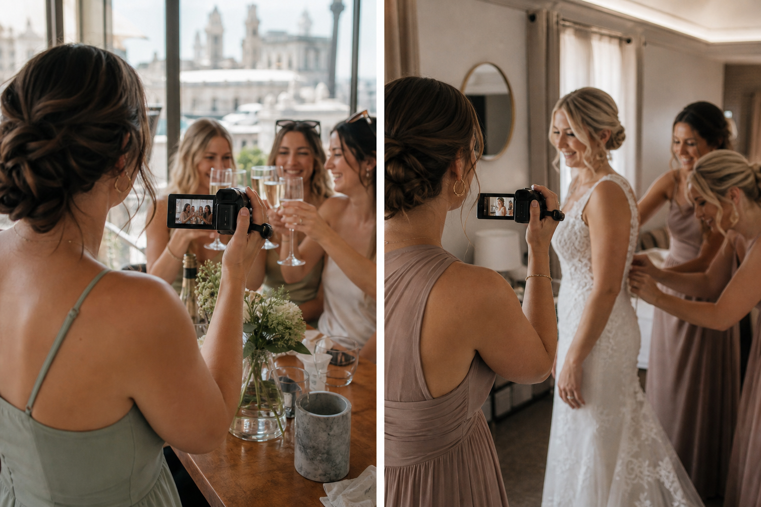 Illustrative: hen party filming and wedding getting ready with one camcorder each